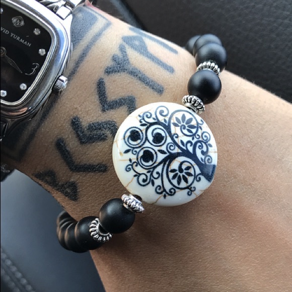 Silverskylight Jewelry - Tree onyx bracelet .Black matte onyx gemstones beads & tree of life white charm